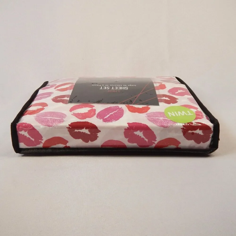 Valentines Day Red Pink Lips KISS  Love Lipstick TWIN Sheet 3 pc Set Girls Teen